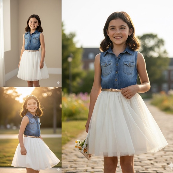 Zunie Denim Top Tulle Skirt Dress w/ Belt Girls Size 8 – Casual Party Outfit - Picture 3 of 17